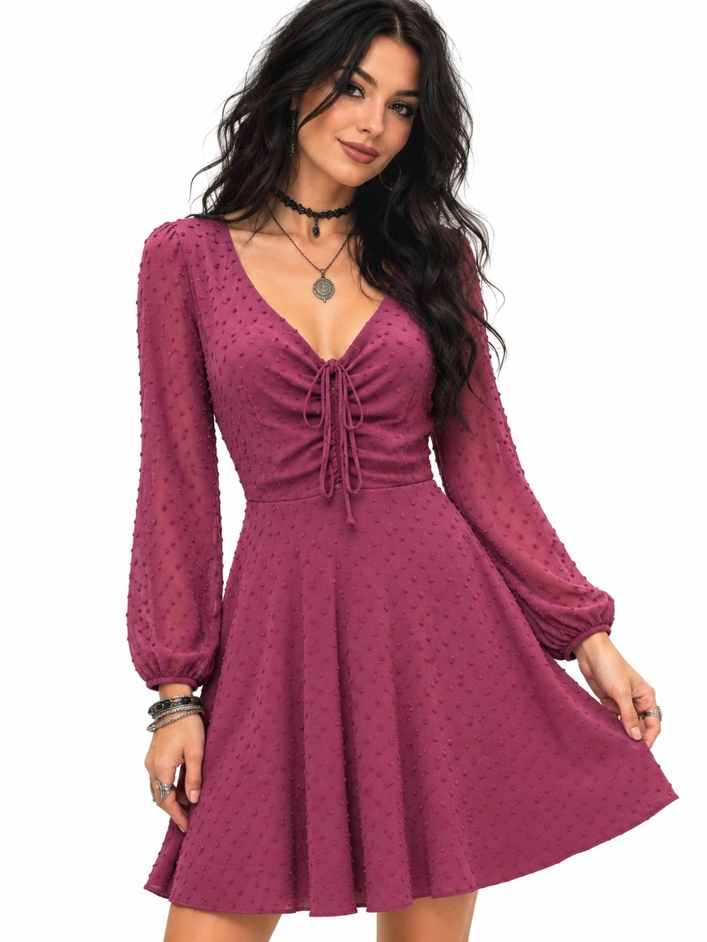Lulu's Mauve Long-Sleeve Tie-Front Textured Whimsigoth Boho Dress
